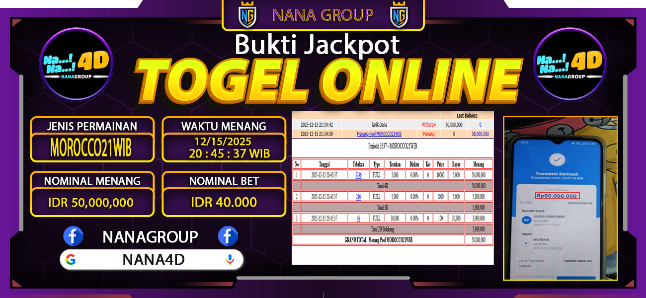 Bukti Kemenangan Besar Dibayar lunas Member NANA4D RP 50.000.000, 12 Desember 2025